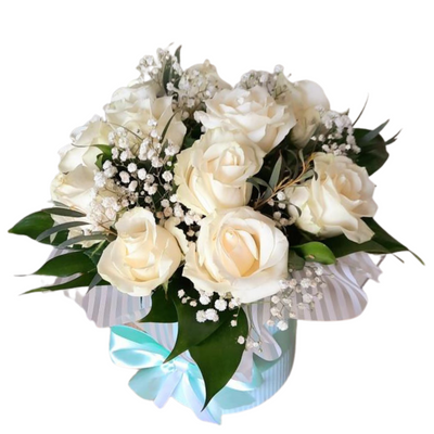 11 white roses in a box